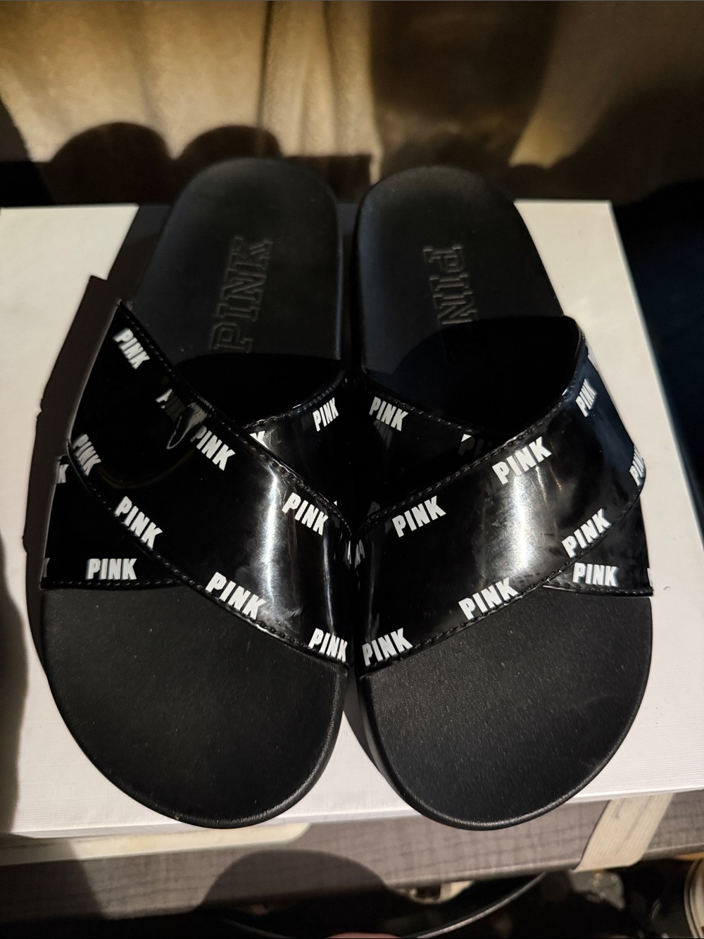 PINK Victoria's Secret Black Logo Crossover Slide Sandals